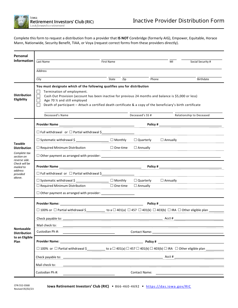 Form CFN552-0368 Inactive Provider Distribution Form - Iowa, Page 1