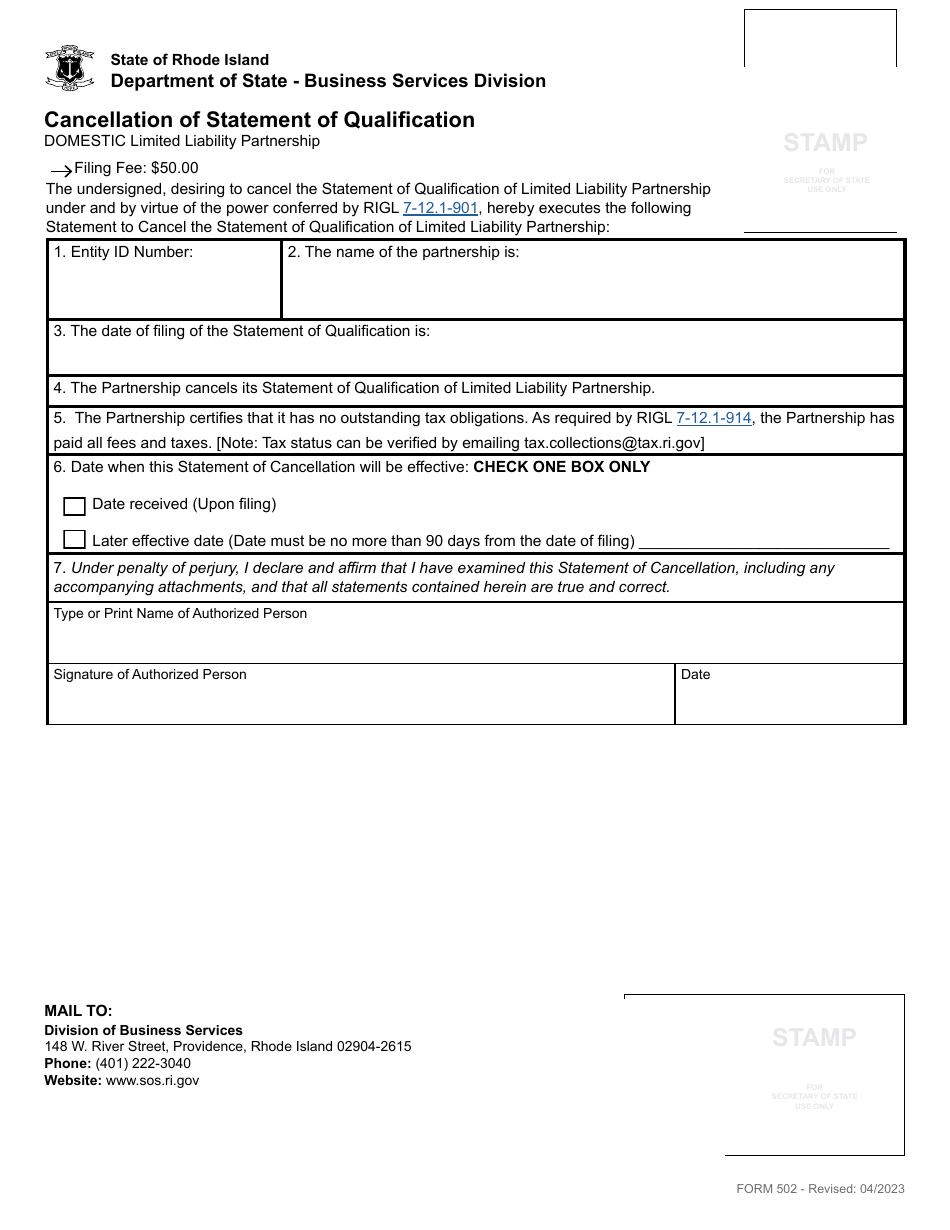 Form 502 Cancellation of Statement of Qualification of Limited Liability Partnership - Rhode Island, Page 2