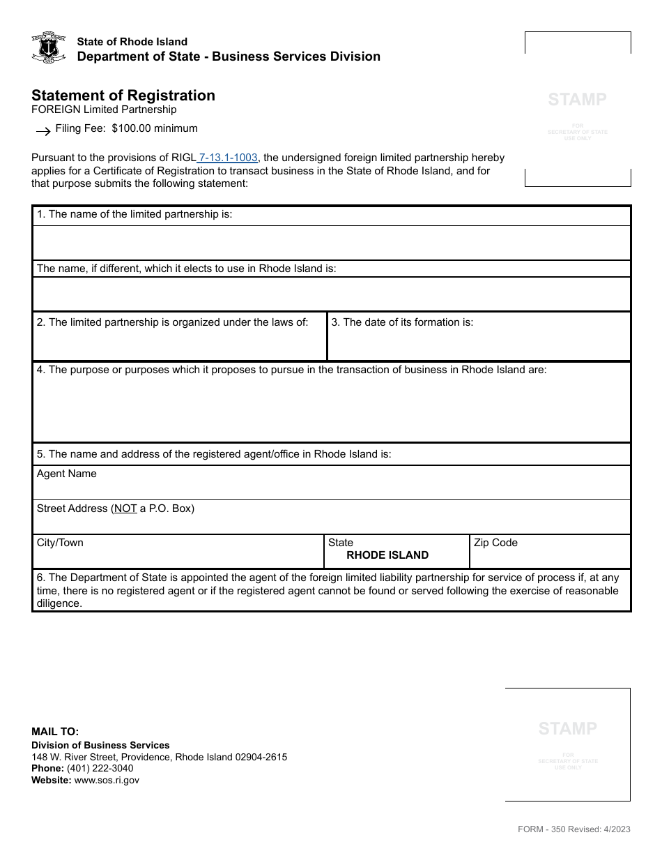 Form 350 Application for Statement of Registration for a Limited Partnership - Rhode Island, Page 3