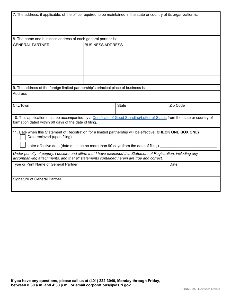 Form 350 Application for Statement of Registration for a Limited Partnership - Rhode Island, Page 4