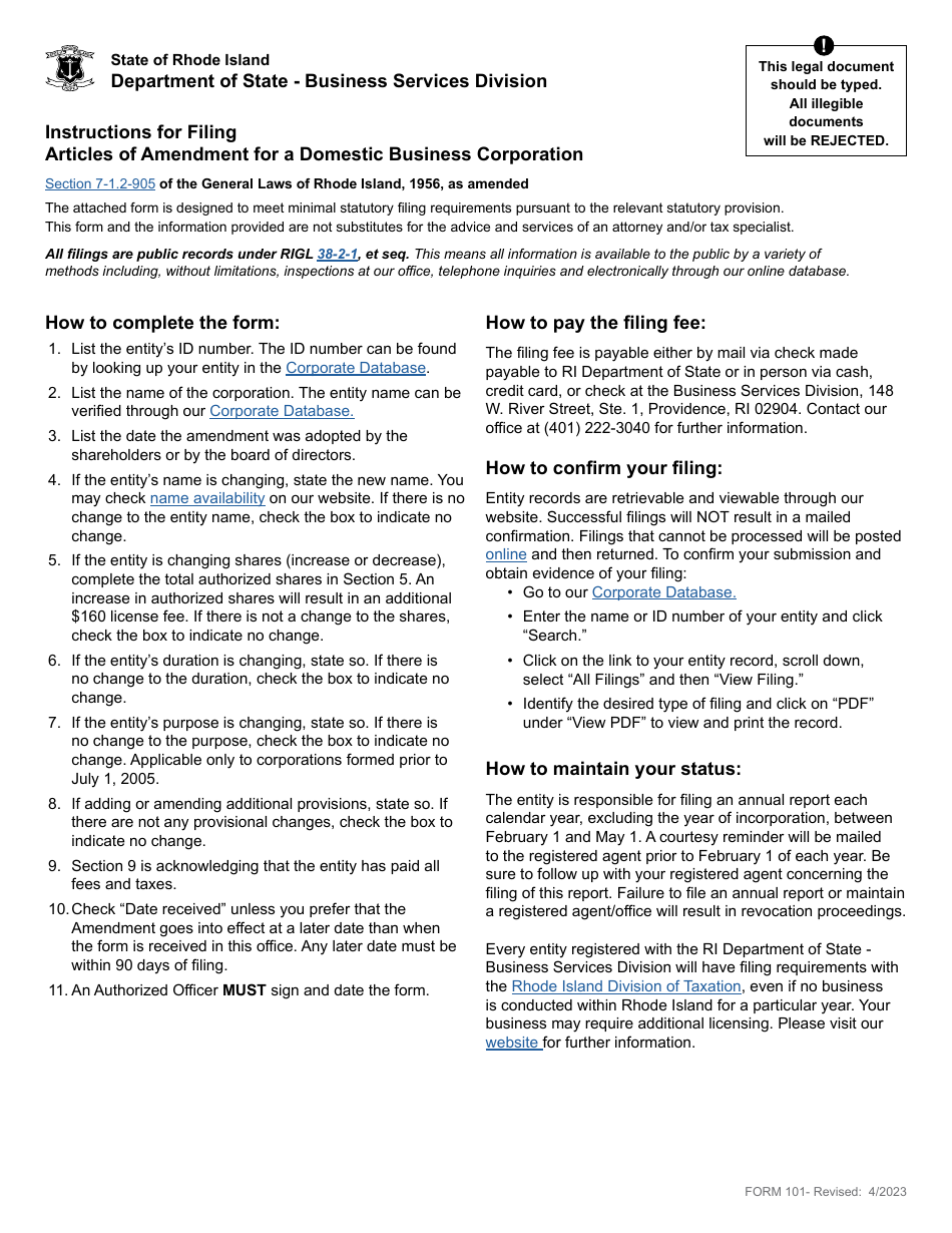 Form 101 Download Fillable PDF Or Fill Online Articles Of Amendment For form-101-download-fillable-pdf-or-fill-online-articles-of-amendment-for