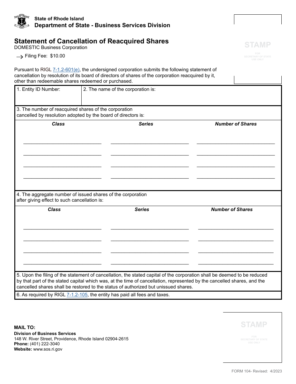 Form 104 Statement of Cancellation of Reacquired Shares for a Domestic Corporation - Rhode Island, Page 2