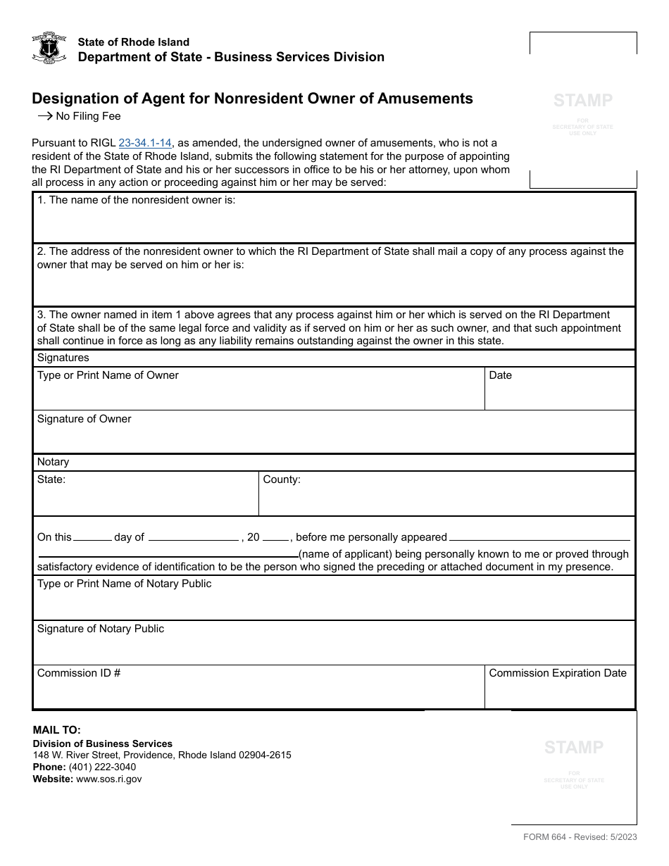 Form 664 Designation of Agent for Nonresident Owner of Amusements - Rhode Island, Page 2