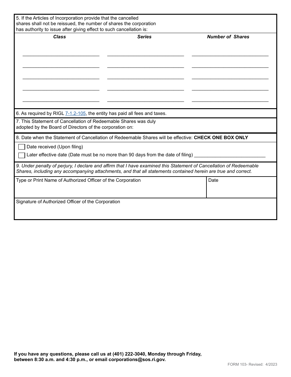 Form 103 Statement of Cancellation of Redeemable Shares for a Domestic Business Corporation - Rhode Island, Page 3