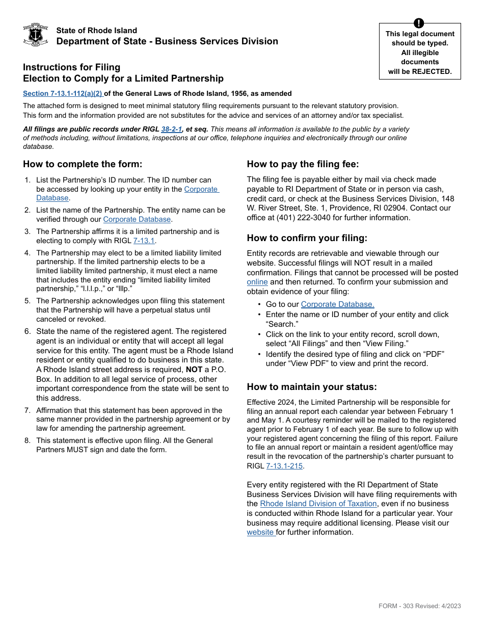 Form 303 Election to Comply for a Limited Partnership - Rhode Island, Page 1