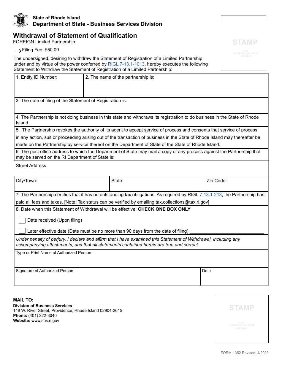 Form 352 Withdrawl of Statement of Qualification of a Foreign Limited Partnership - - Rhode Island, Page 2