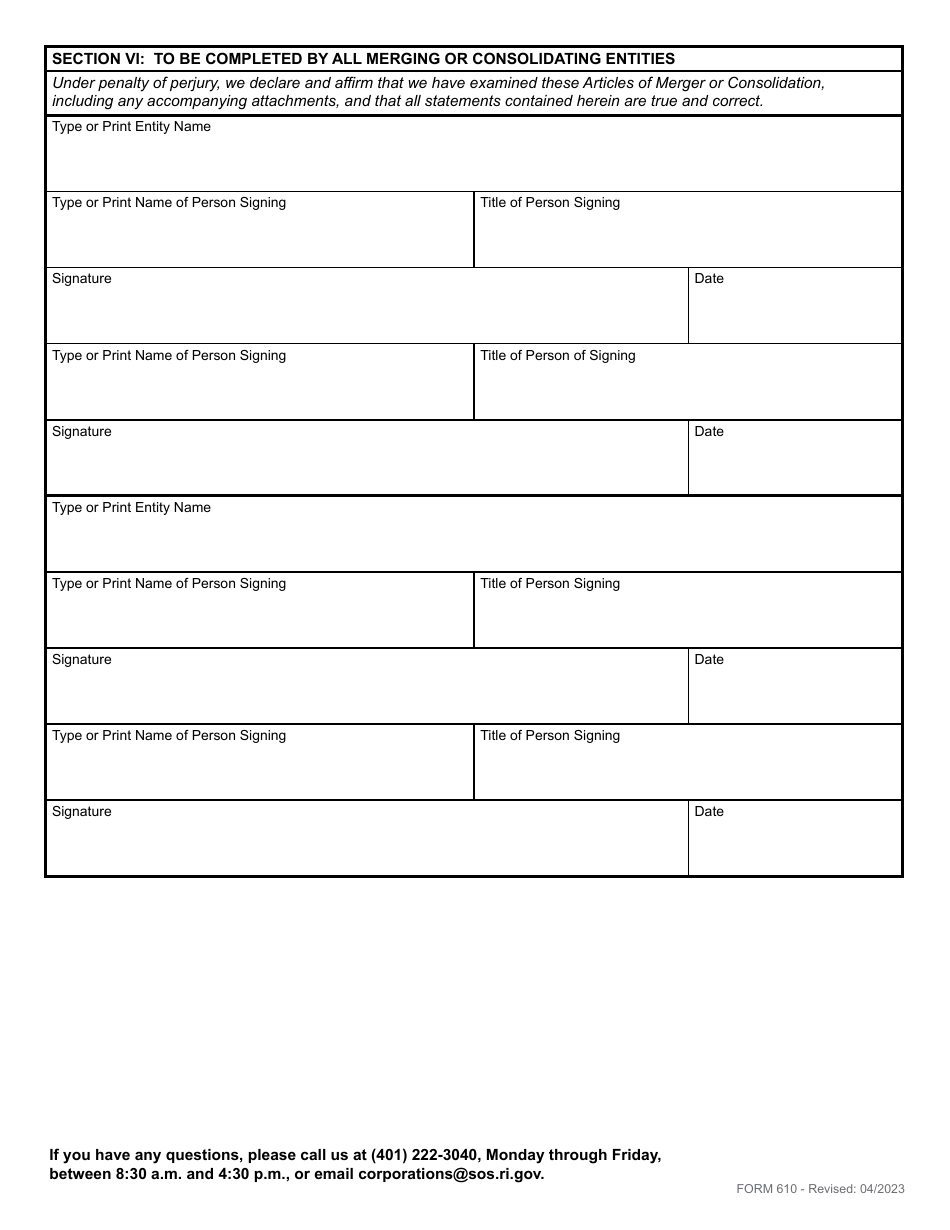 Form 610 Application for Articles of Merger or Consolidation - Domestic or Foreign Business Corporation, Partnership, Limited Liability Company or Non-profit Corporation - Rhode Island, Page 5