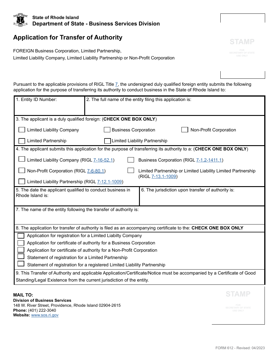 Form 612 Application for Transfer of Authority - Foreign Business Corporation, Limited Partnership, Limited Liability Company, Limited Liability Partnership or Non-profit Corporation - Rhode Island, Page 2
