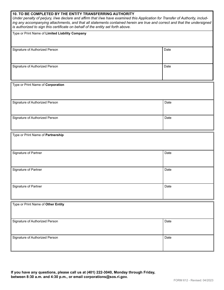 Form 612 Application for Transfer of Authority - Foreign Business Corporation, Limited Partnership, Limited Liability Company, Limited Liability Partnership or Non-profit Corporation - Rhode Island, Page 3
