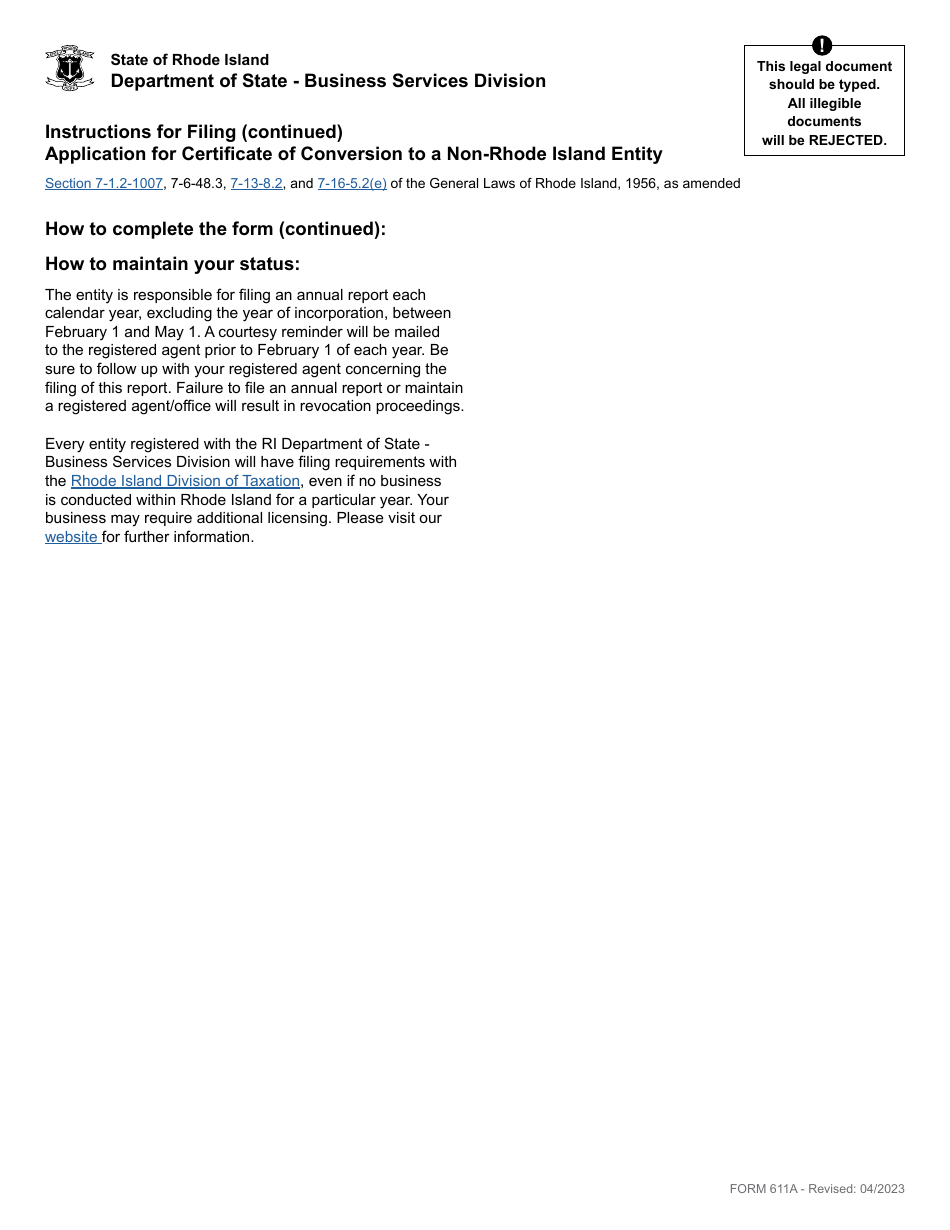 Form 611A Application for Certificate of Conversion to a Non-rhode Island Entity - Domestic Business Corporation, Limited Partnership or Limited Liability Company - Rhode Island, Page 2