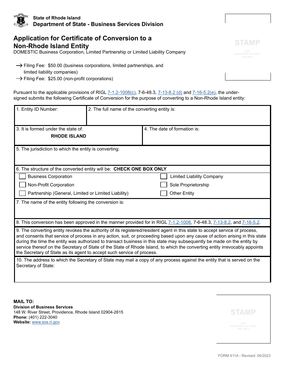Form 611A Application for Certificate of Conversion to a Non-rhode Island Entity - Domestic Business Corporation, Limited Partnership or Limited Liability Company - Rhode Island, Page 3