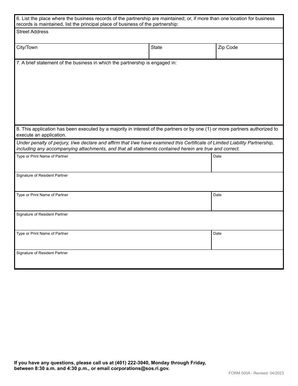 Form 500A Renewal of Registration for Limited Liability Partnership - Rhode Island, Page 3