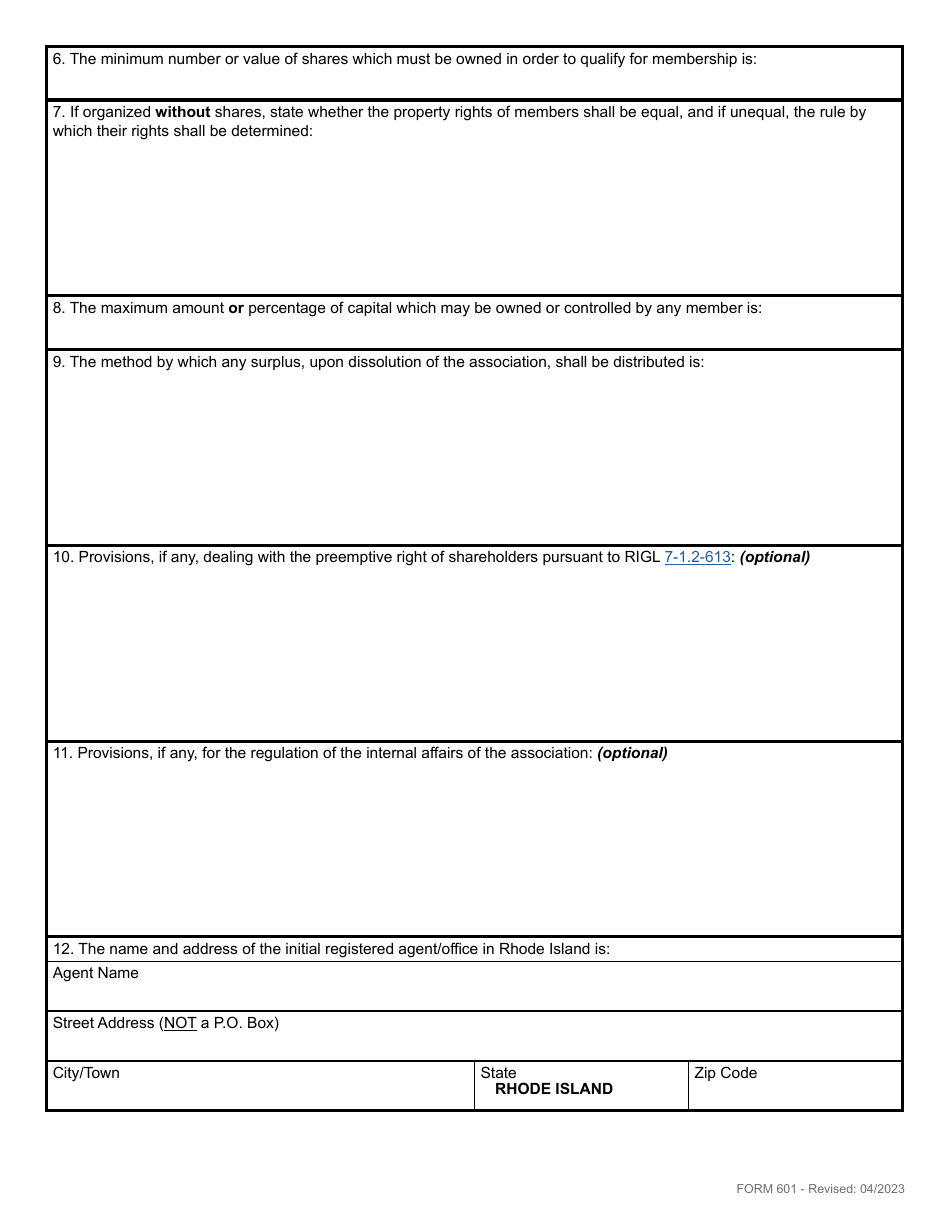 Form 601 Articles of Association for a Non-profit Consumers Cooperative Association - Rhode Island, Page 3