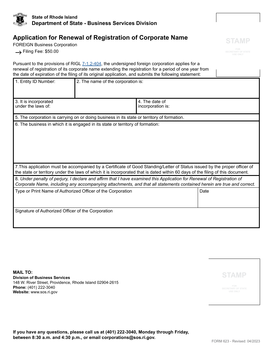 Form 623 Application for Renewal of Registration of Corporate Name - Foreign Business Corporation - Rhode Island, Page 2