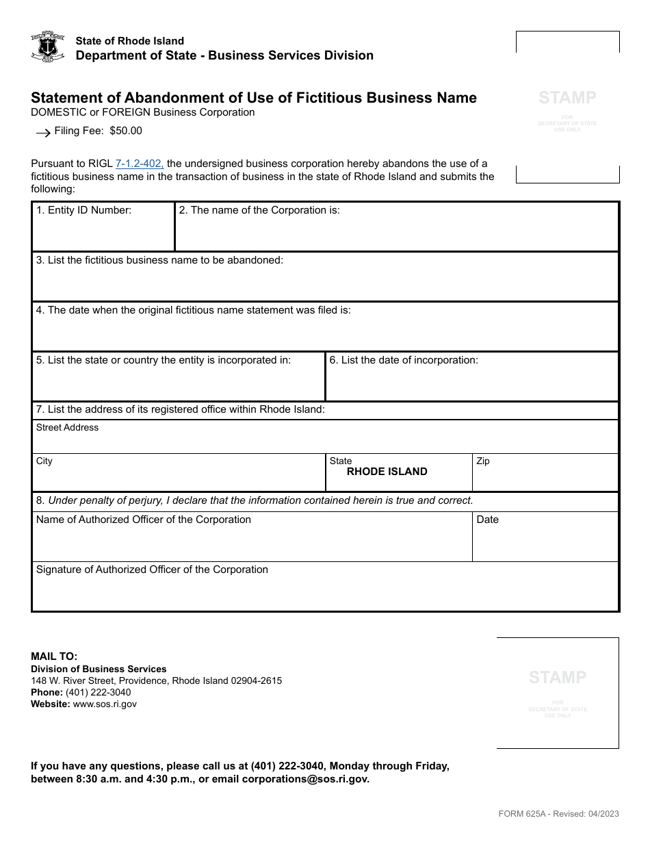 Form 625A Statement of Abandonment of Use of Fictitious Business Name - Domestic or Foreign Business Corporation - Rhode Island, Page 2