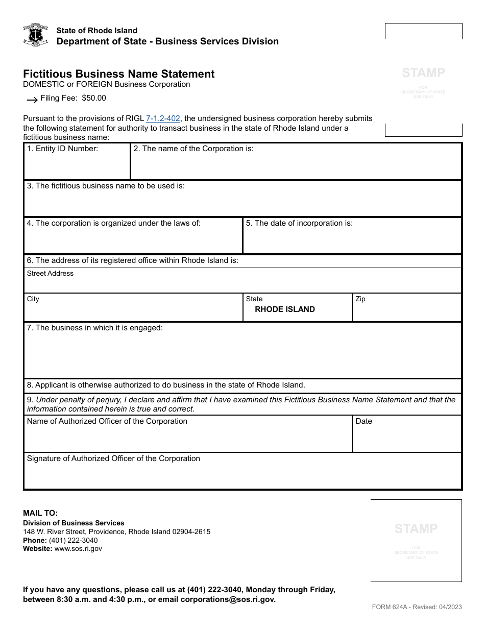 Form 624A Fictitious Business Name Statement - Domestic or Foreign Business Corporation - Rhode Island, Page 2