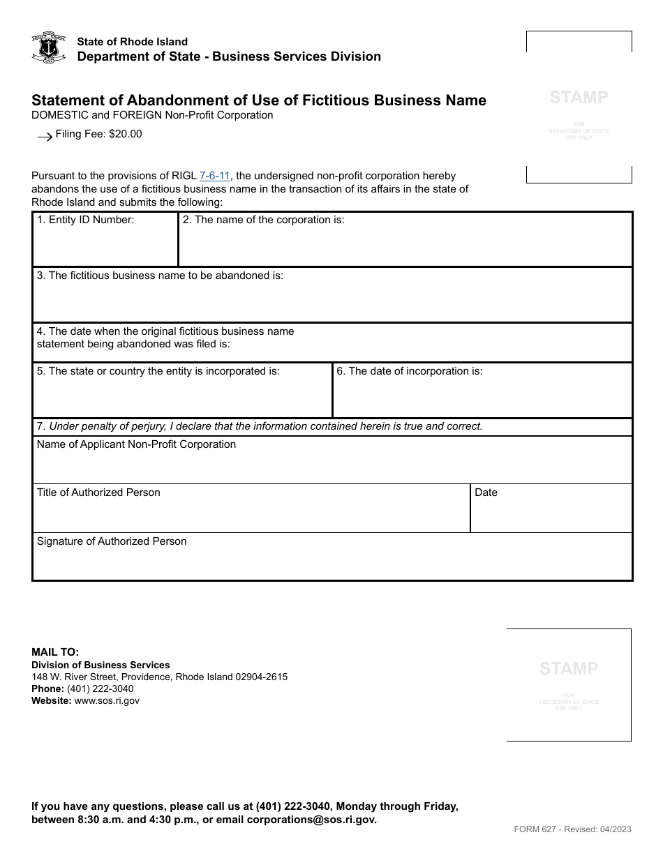 Form 627 Statement of Abandonment of Use of Fictitious Business Name - Domestic and Foreign Non-profit Corporation - Rhode Island, Page 2