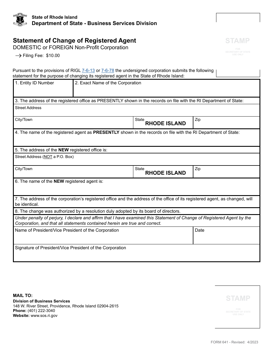 Form 641 Statement of Change of Registered Agent - Domestic or Foreign Non-profit Corporation - Rhode Island, Page 2