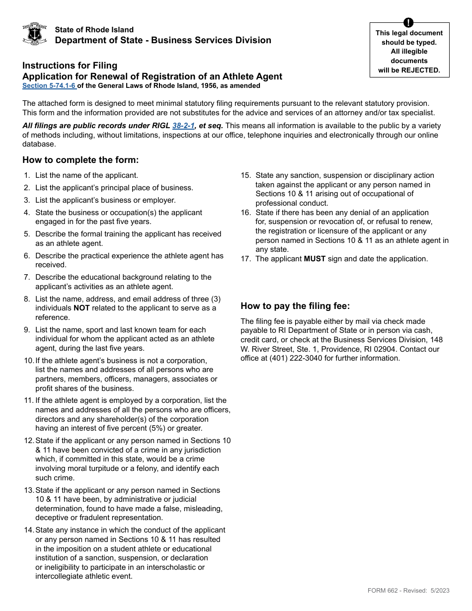 Form 662 Download Fillable PDF or Fill Online Application for Renewal