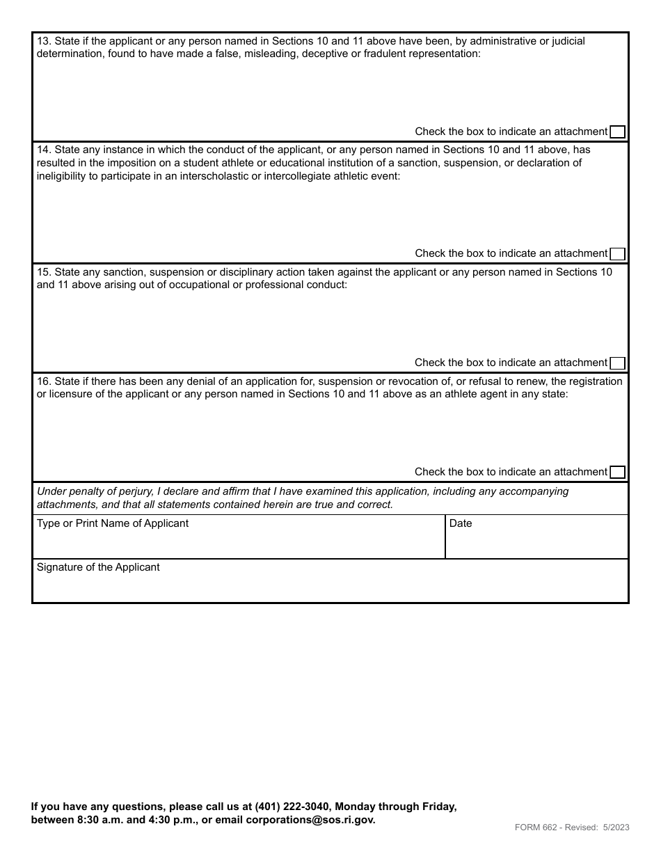 Form 662 Application for Renewal of Registration of an Athlete Agent - Rhode Island, Page 4