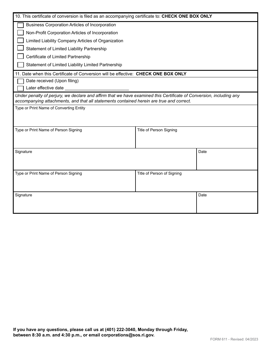 Form 611 Application for Certificate of Conversion - Domestic Business Corporation, Non-profit Corporation, Limited Partnership, Limited Liability Partnership or Limited Liability Company - Rhode Island, Page 3