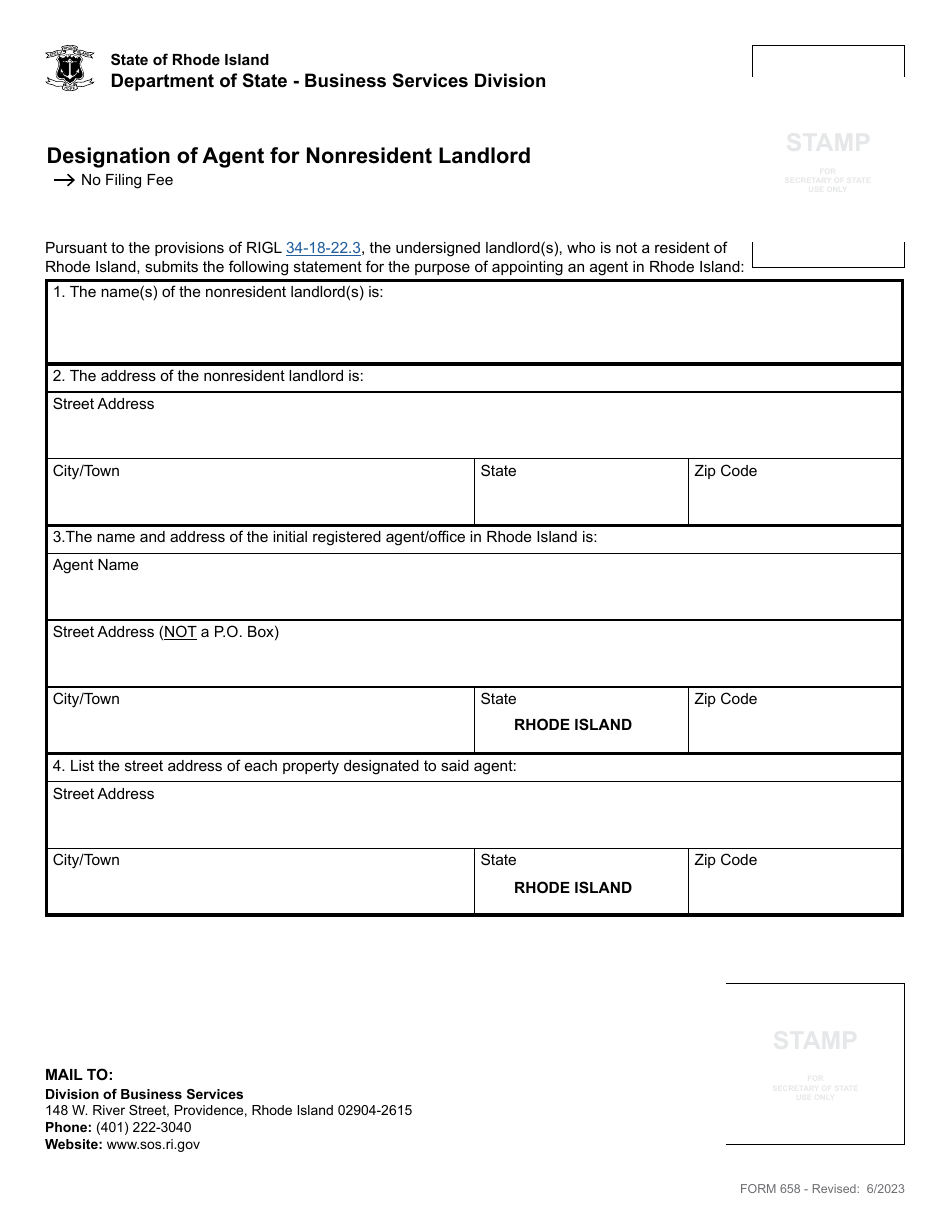 Form 658 Designation of Agent for Nonresident Landlord - Rhode Island, Page 2