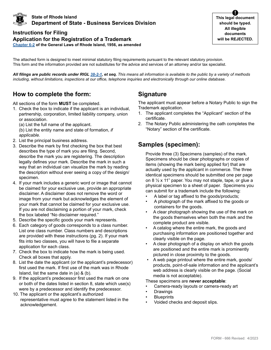 Form 666 - Fill Out, Sign Online and Download Fillable PDF, Rhode ...