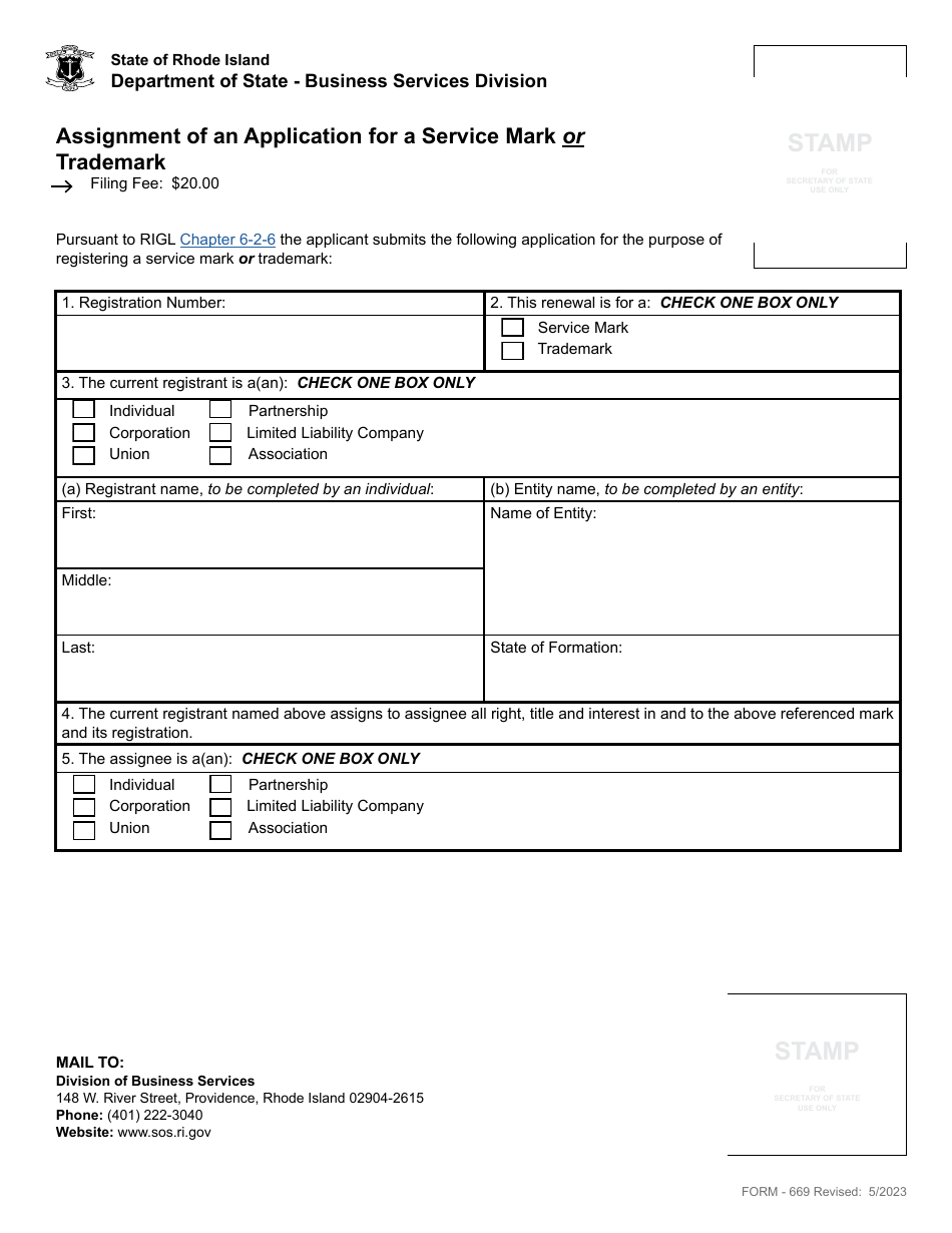 Form 669 Assignment of an Application for a Service Mark or Trademark - Rhode Island, Page 2