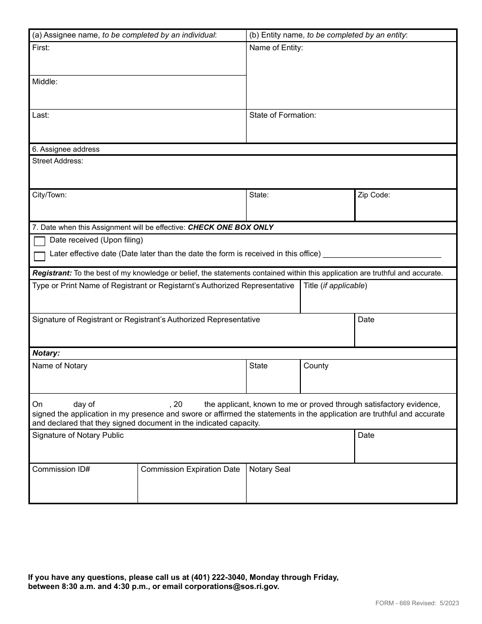 Form 669 Download Fillable PDF or Fill Online Assignment of an ...