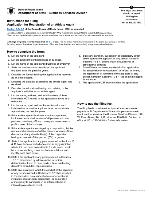 Form 661 Application for Registration of an Athlete Agent - Rhode Island