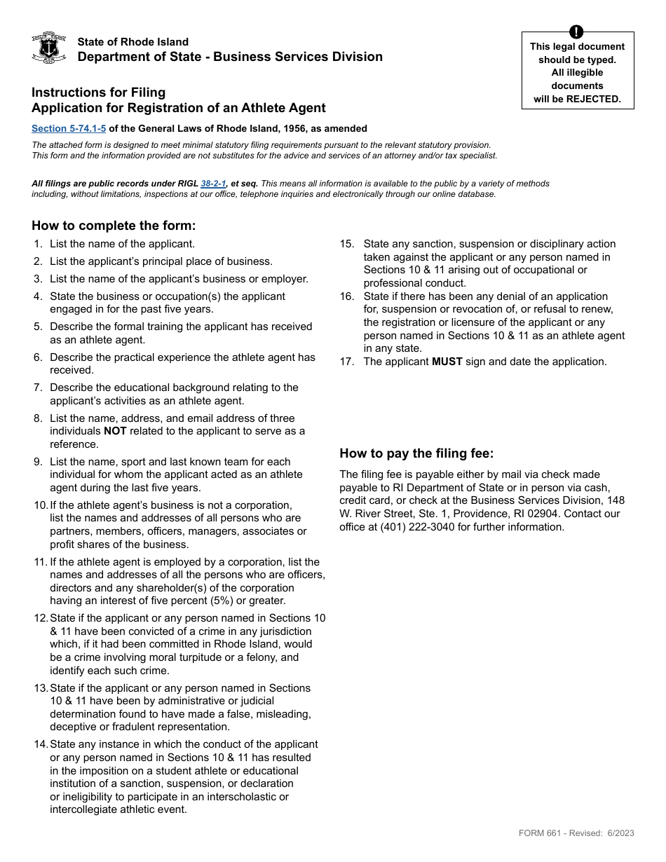 Form 661 Application for Registration of an Athlete Agent - Rhode Island, Page 1
