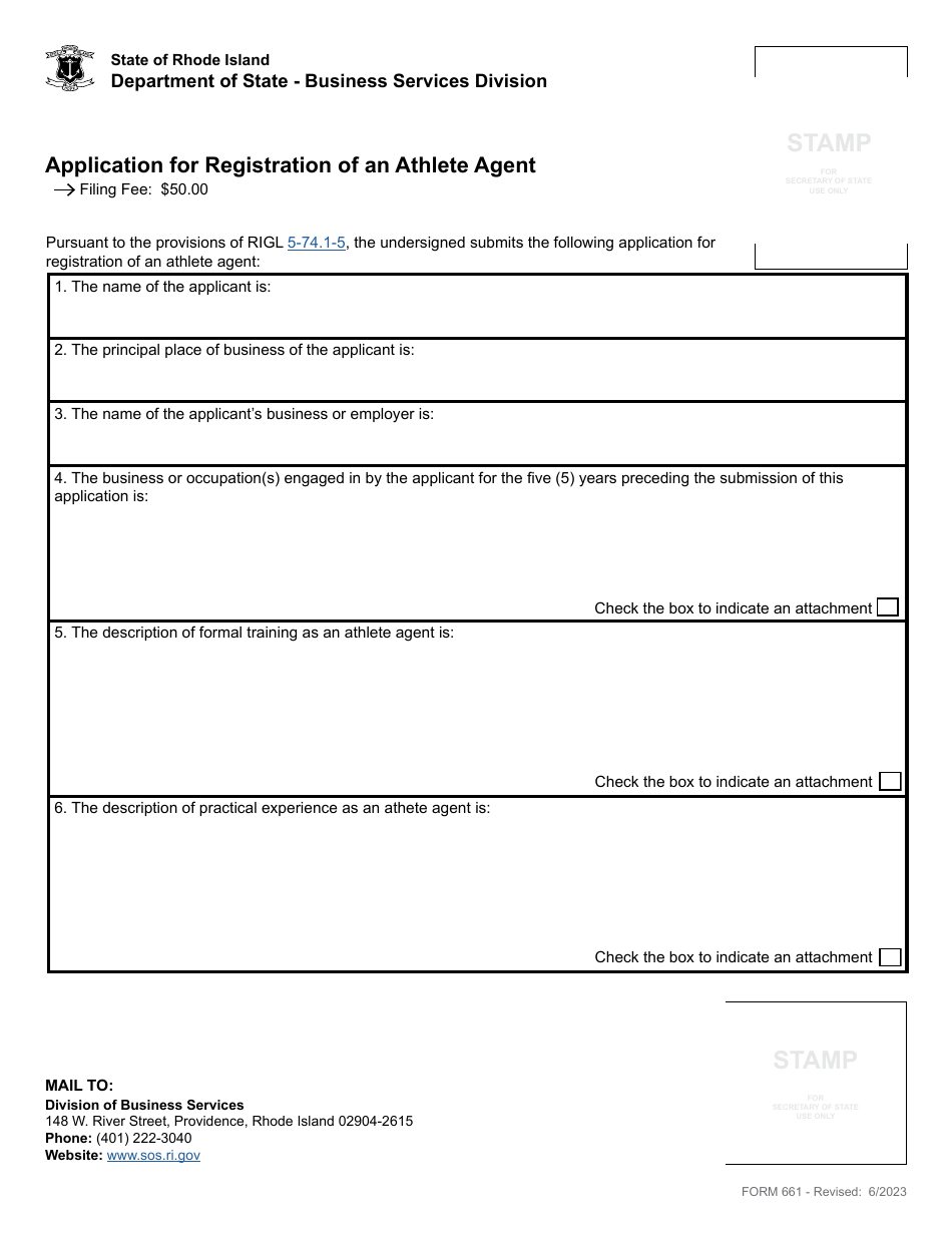 Form 661 Application for Registration of an Athlete Agent - Rhode Island, Page 2