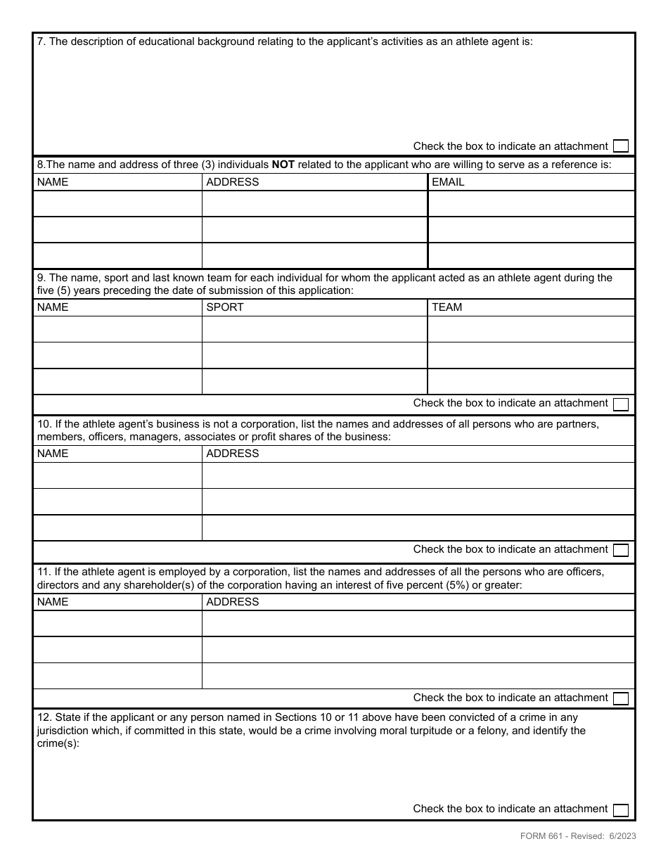 Form 661 Application for Registration of an Athlete Agent - Rhode Island, Page 3