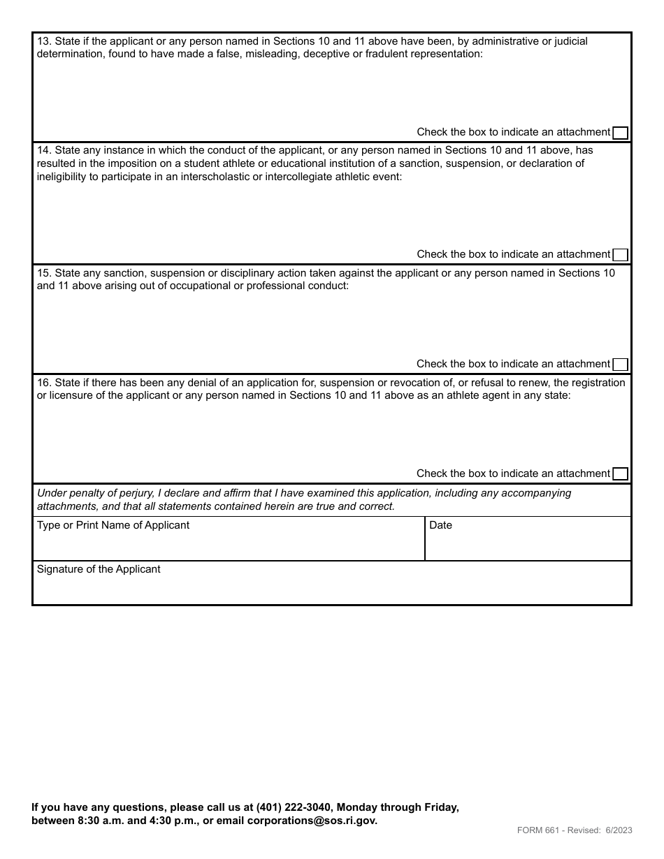 Form 661 Application for Registration of an Athlete Agent - Rhode Island, Page 4