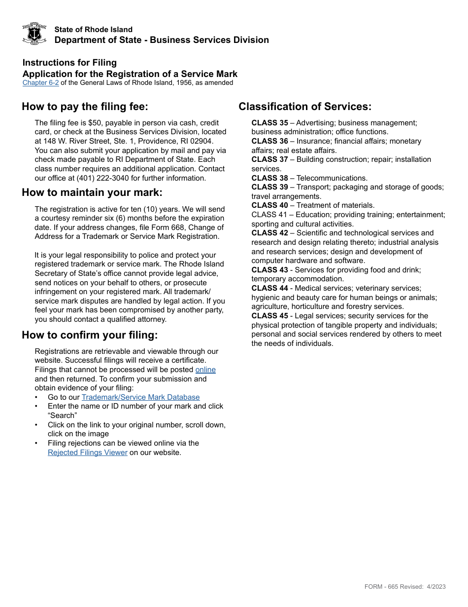 Form 665 Application for the Registration of a Service Mark - Rhode Island, Page 2