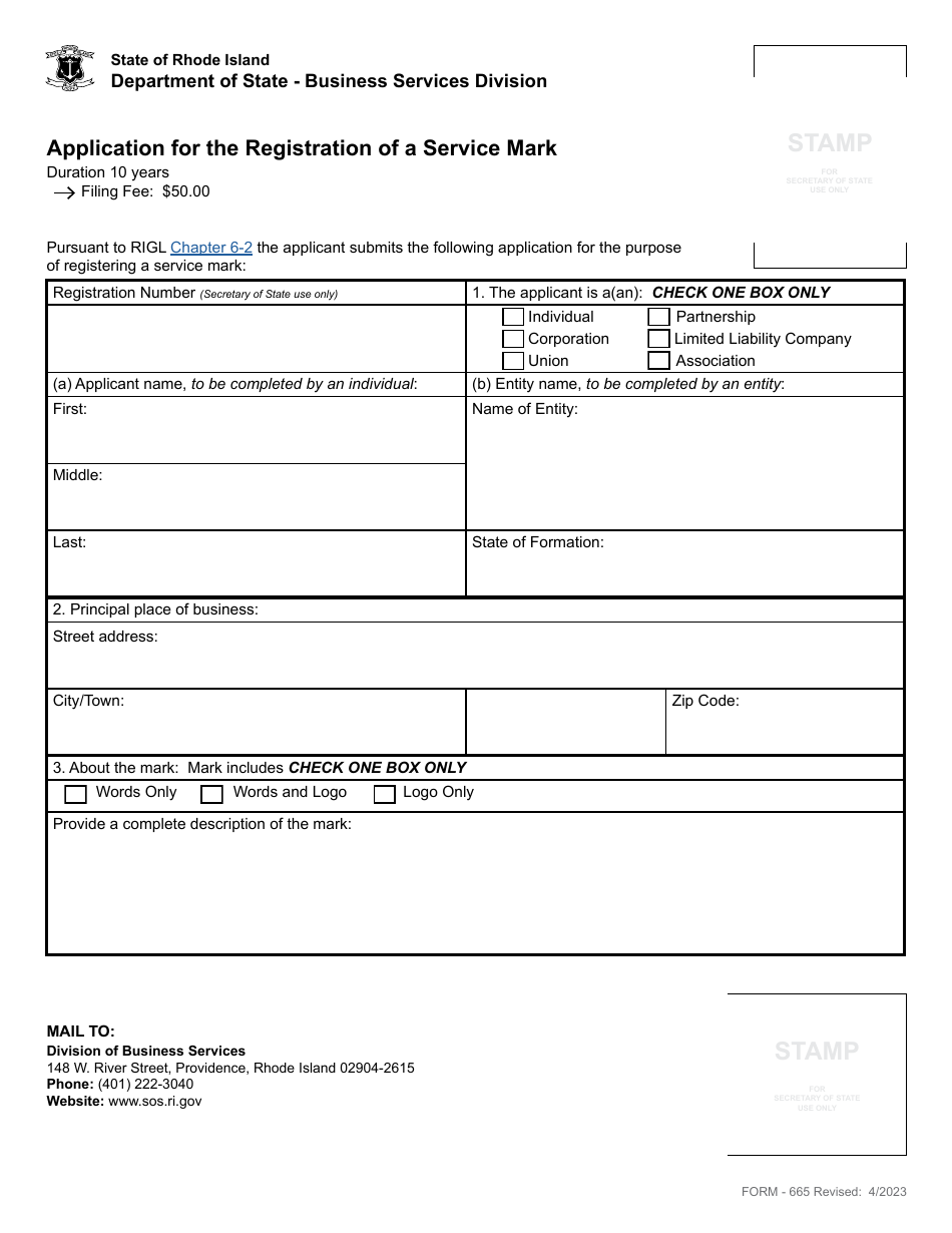 Form 665 Application for the Registration of a Service Mark - Rhode Island, Page 3