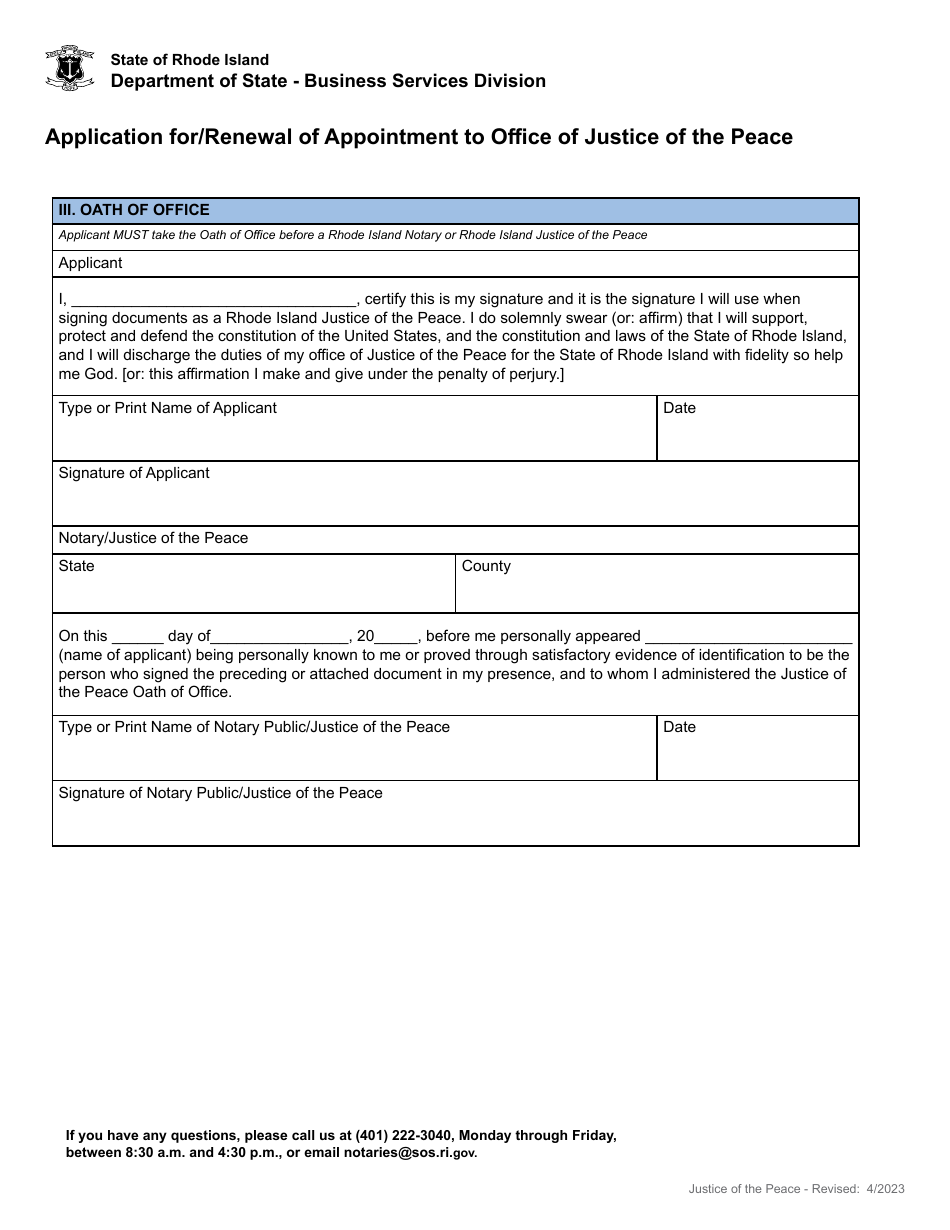 Application for / Renewal of Appointment to Office of Justice of the Peace - Rhode Island, Page 3