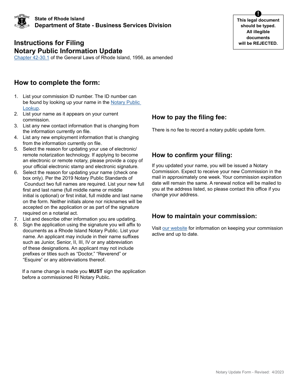 Rhode Island Notary Public Information Update Download Fillable PDF