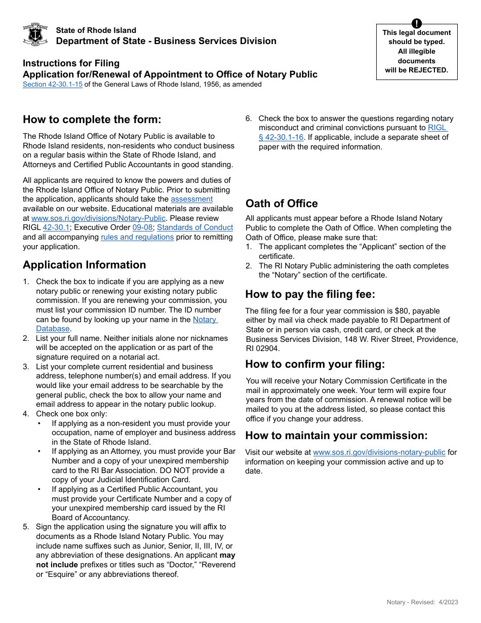 Rhode Island Application for/Renewal of Appointment to Office of Notary