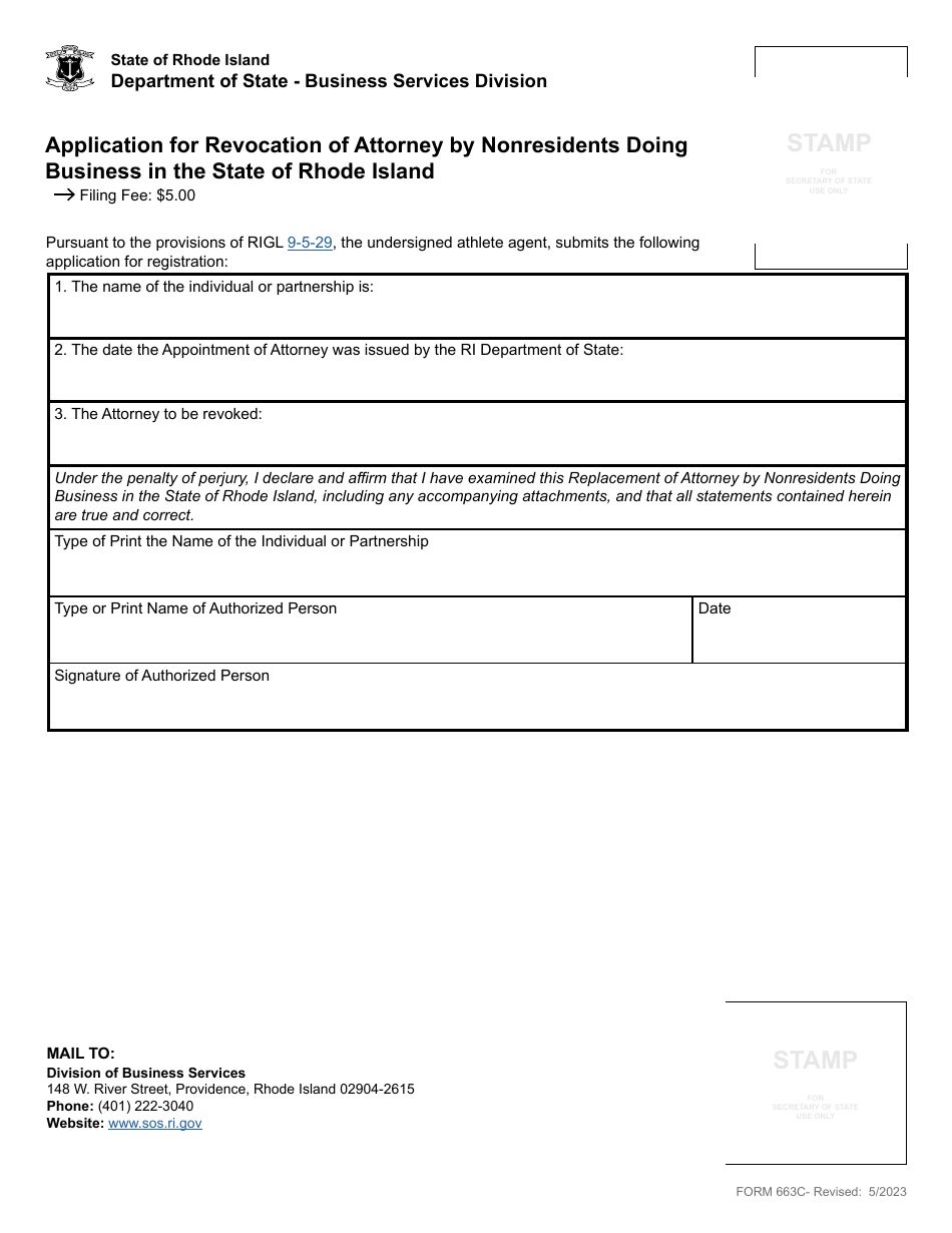 Form 663C Application for Revocation of Attorney by Nonresidents Doing Business in the State of Rhode Island - Rhode Island, Page 2