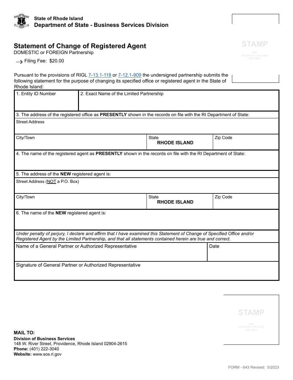 Form 643 Statement of Change of Registered Agent - Domestic or Foreign Partnership - Rhode Island, Page 2