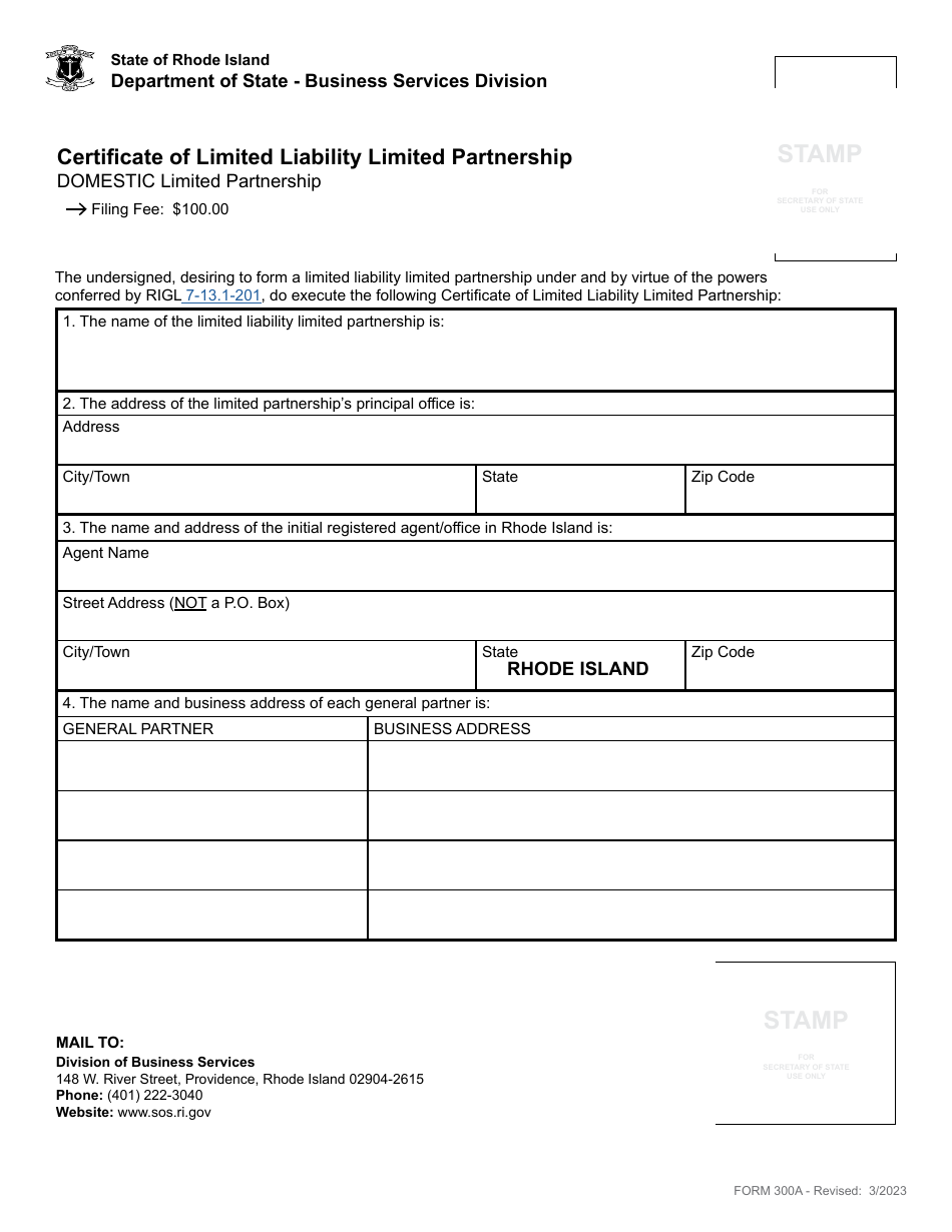 Form 300A Certificate of Limited Liability Limited Partnership - Domestic Limited Partnership - Rhode Island, Page 3