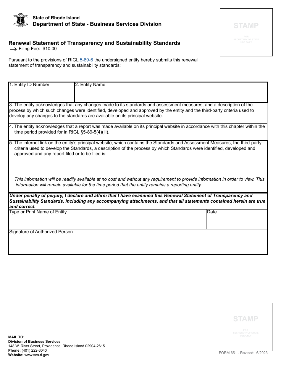 Form 651 Renewal Statement of Transparency and Sustainability Standards - Rhode Island, Page 2