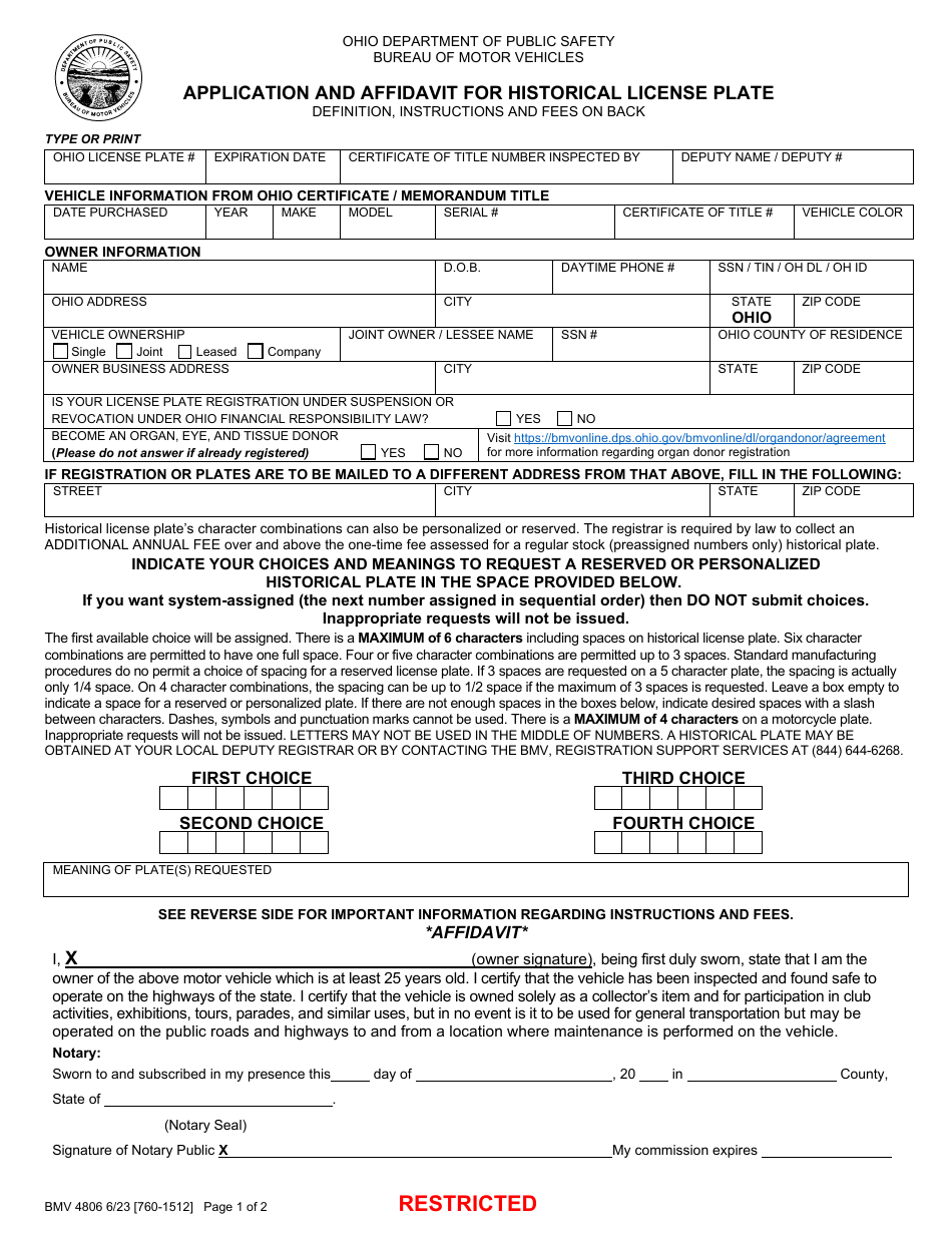 Form BMV4806 Application and Affidavit for Historical License Plate - Ohio, Page 1
