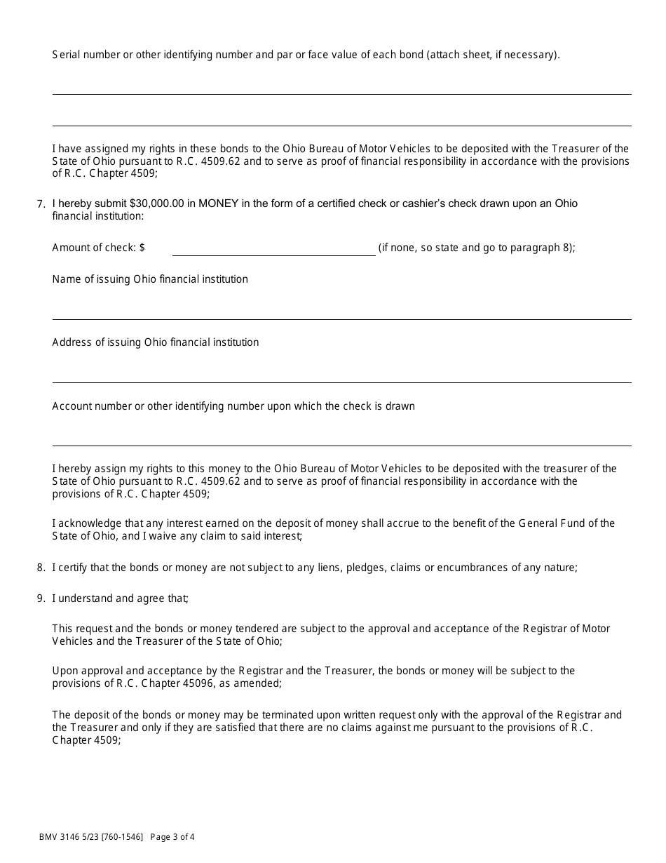 Form BMV3146 Application for Certificate Deposit $30,000.00 in Money or Government Bonds - Ohio, Page 3
