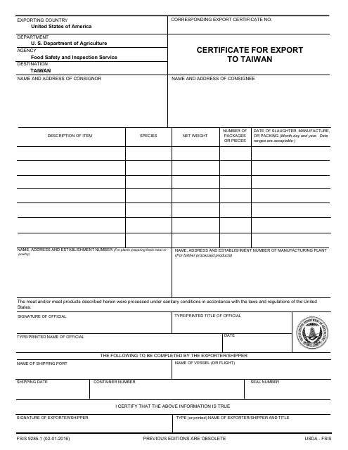 FSIS Form 9285-1 Certificate for Export to Taiwan