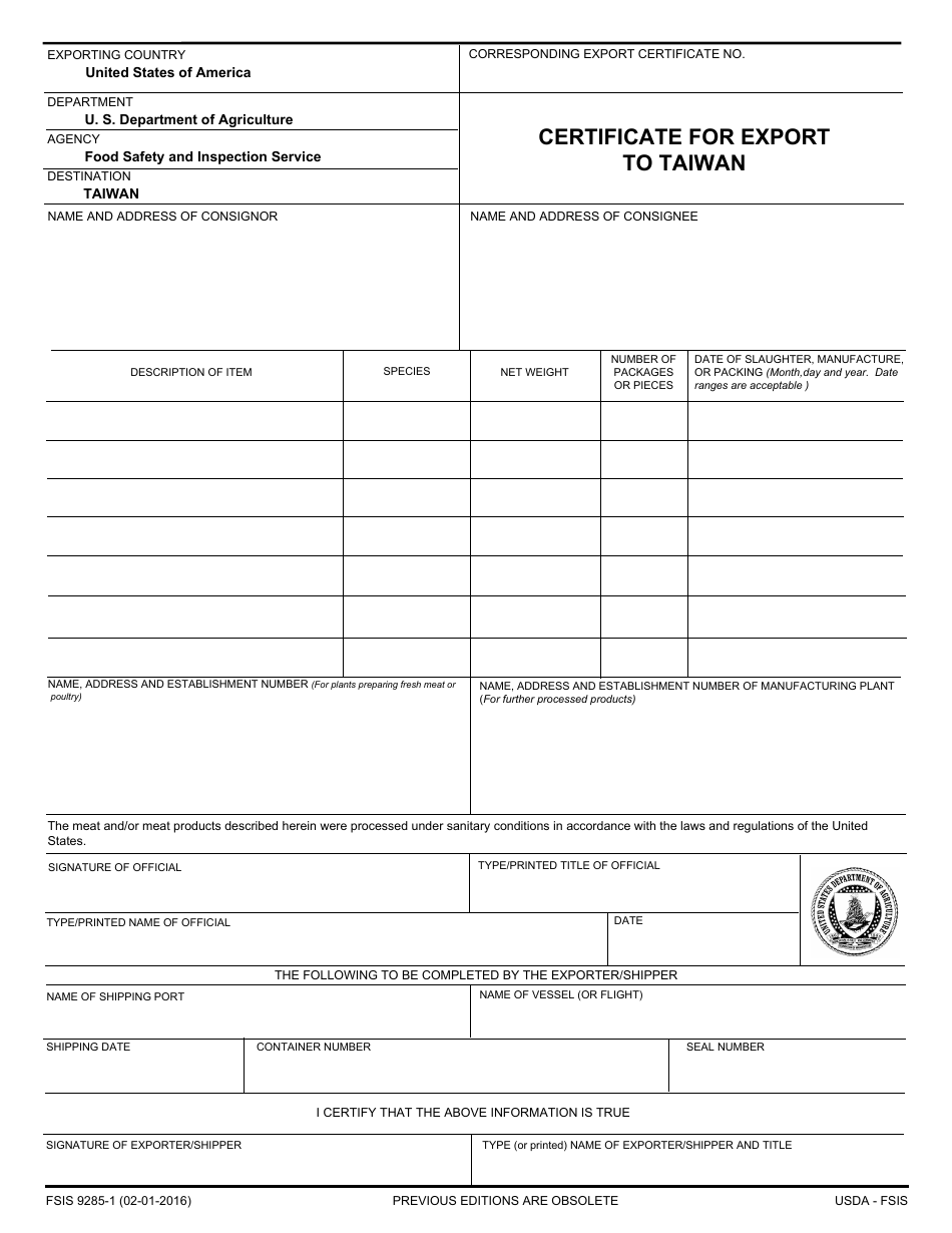 FSIS Form 9285-1 Certificate for Export to Taiwan, Page 1