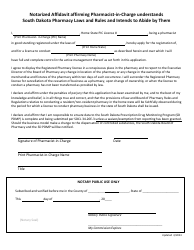Document preview: Notarized Affidavit Affirming Pharmacist-In-charge Understands South Dakota Pharmacy Laws and Rules and Intends to Abide by Them - South Dakota