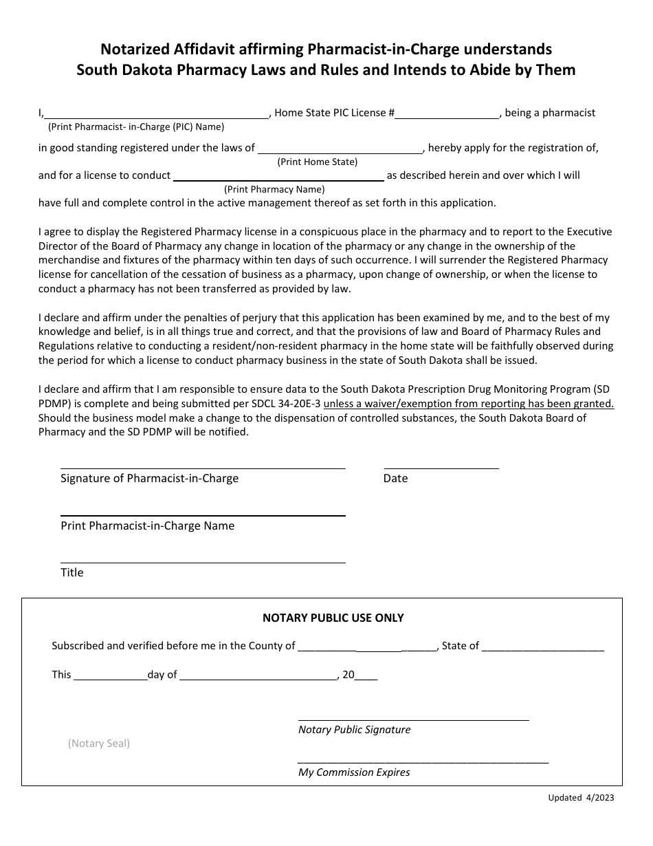 Notarized Affidavit Affirming Pharmacist-In-charge Understands South Dakota Pharmacy Laws and Rules and Intends to Abide by Them - South Dakota, Page 1