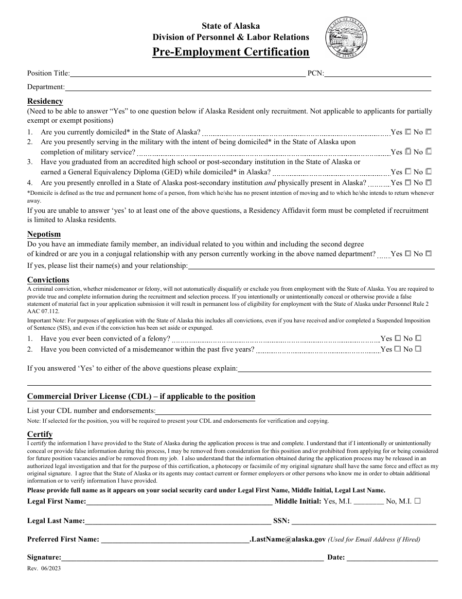 Pre-employment Certification - Alaska, Page 1